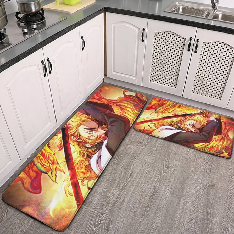 鬼滅の刃　煉獄杏寿郎　ラグマット　絨毯　新品 Amazon｜キッチンマット 鬼滅の刃 煉獄杏寿郎 台所マット 2枚